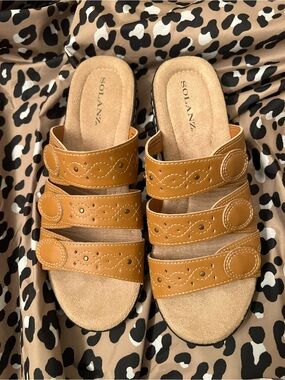 Solanz Tan Triple-Strap Slide Mules size 10